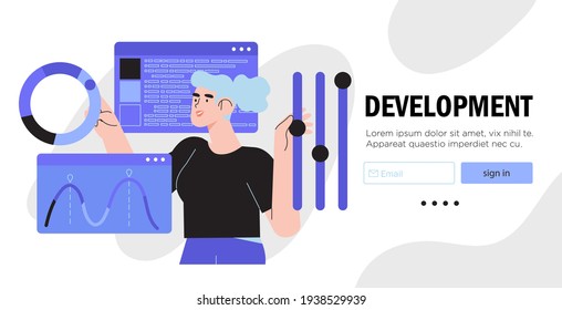 Design and programming banner, web landing page, advertisement. Designer working on ui ux design or mobile application. Studio or agency prototyping or coding web page or mobile app. Cms development.