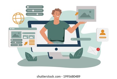 Design and programming banner, web landing page, advertisement. Designer working on ui ux design or mobile application. Studio or agency prototyping or coding web page or mobile app. Cms development.