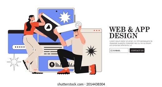 Design and programming banner, web landing page, advertisement. Designers working on ui ux design or mobile application. Studio or agency prototyping or coding web page or mobile app. Cms development. svg