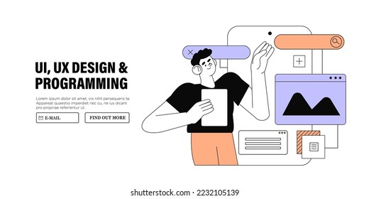 Design and programming banner, web landing page, advertisement. Designer working on ui ux design or mobile application. Studio or agency prototyping or coding web page or mobile app. Cms development. svg