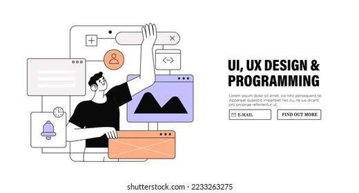 Design and programming banner, web landing page, advertisement. Designer working on ui ux design or mobile application. Studio or agency prototyping or coding web page or mobile app. Cms development.