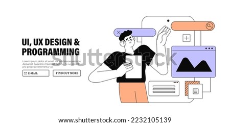 Design and programming banner, web landing page, advertisement. Designer working on ui ux design or mobile application. Studio or agency prototyping or coding web page or mobile app. Cms development.