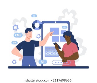 Design programming concept. Man and girl analyzing phone app. Designers create layout. Modern technologies and digital world. Freelancers in background of screen. Cartoon flat vector illustration