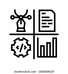 design, programming, content manager and analytics job line icon vector. design, programming, content manager and analytics job sign. isolated contour symbol black illustration