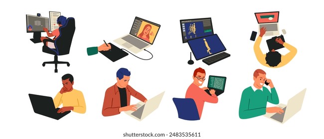 Programación de diseño. Datos de Web del App de IU UX. Equipo de inicio de negocio. Software de codificación de programador y aplicación de prueba. Contenido de marketing. Computadora de interfaz digital. Juego de Vector de los diseñadores de desarrollo