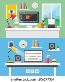 Design and programming, workspace, workplace concepts for web, management, infographic, development, design. Flat design style modern vector illustration. 