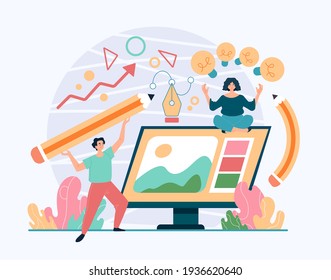 Design project development teamwork creative work concept. Vector flat graphic design illustration