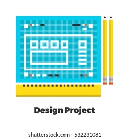 Design Project Flat Icon. Material Design Illustration Concept. Modern Colorful Web Design Graphics. Premium Quality. Pixel Perfect. Bold Line Color Art. Unusual Artwork Isolated on White. 