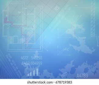 Design project of heating the house. Banner blueprint vector illustration. Sketch technical drawings in shades of blue.