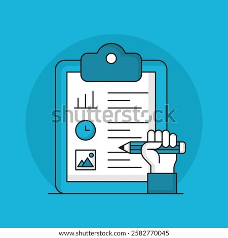 Design project icon with a clipboard and paper, featuring vertical bars, a clock, a picture, and lines of text. A hand holds a pencil, writing on the paper. Clean and modern design.