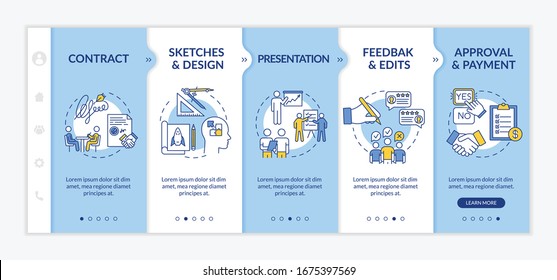 Design project onboarding vector template. Signing contract. Sketches and design, presentation. Responsive mobile website with icons. Webpage walkthrough step screens. RGB color concept