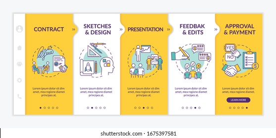 Design project onboarding vector template. Feedback and edits. Getting approval, receiving payment. Responsive mobile website with icons. Webpage walkthrough step screens. RGB color concept