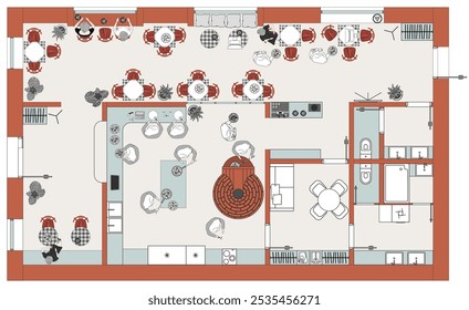 Projeto de design de um restaurante com uma cozinha chef aberta. Layout da sala de jantar e cozinha na pizzaria. Interior do café é uma vista superior com arranjo de móveis. Vetor