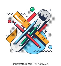 Design project tool for creation concept vector. Color pencil, ruler and paper list artist or architect accessory for painting picture or drawing construction plan flat cartoon illustration