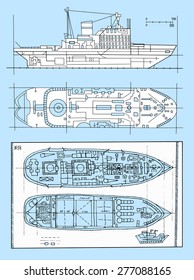 Design projects of vessels, set with hand drawn elements on blue background