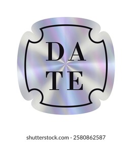 Design prominently displays word Date in bold letters on holographic background reflections and light. Shiny rainbow geometric shapes emblem. Neon Valentine's Day and Love concept Hologram Sticker.