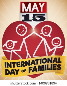 Design promoting the International Day of Families celebration with a giant red heart with happy family in doodle style: mom, dad , bro and sis over calendar and greeting ribbon.