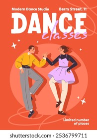 Design of promotion of danser's school. Dancing master class event poster. Advertising template of music performance or lindy hop, twist, jazz, tap, step lessons in studio. Flat vector illustration