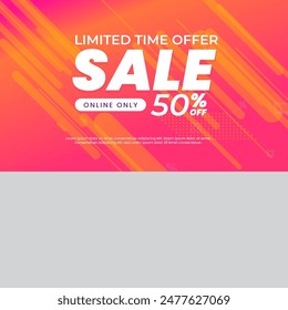 Design a promotional discounts sale banner for online shopping with a pinkish and orange background, highlighting a special offer of up to 50% off to attract customers effectively.