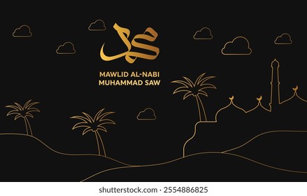 Design for the Prophet Muhammad's birthday. translation: The birthday of the Prophet Muhammad SAW is golden. Suitable for greeting cards, flyers and banners on black background