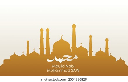 Design for the Prophet Muhammad's birthday. translation: Birthday of the Prophet Muhammad SAW in color. Suitable for greeting cards, flyers and banners on white background