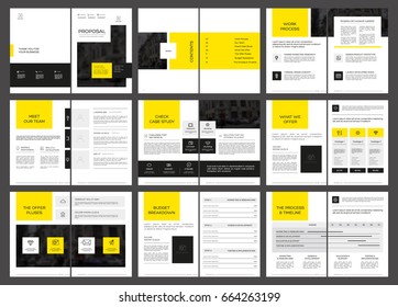 Design Proposal, Vector Template Brochures, Flyers, Presentations, Leaflet, Magazine A4 Size. Yellow And Black Geometric Elements On A White Background. - Stock Vector