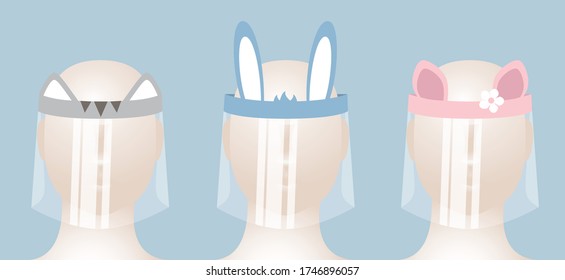 Design of protective plastic face shield on forehead for kids vector illustration. With the ears of a cat, hare, and pig.