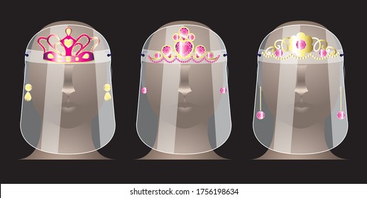 Design of protective plastic face shield for kids girls vector illustration. Crown and tiara prints.
