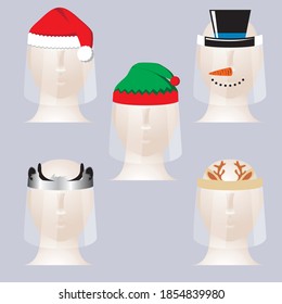 Design of protective plastic face shield. Christmas design of santa hat, elf, snowman, silver bull and deer. Vector illustration.