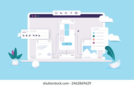 Design prototype - Computer screen with ux design prototyping software creating wireframes for mobile app or web site page. Semi flat vector illustration with blue background