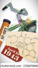 Design mit psychedelischen Bike-Buzzing, LSD-chemische Formel in Papier und Datum der Entdeckung der Lysergic Acid Diethylamid, all dies zum Gedenken an die Entdeckung dieser Droge oder Bicycle Day im Jahr 1943.