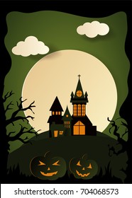 Design with pumpkin on cemetery. Happy halloween paper art style. Vector cut illustration.