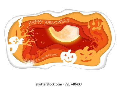 Design with pumpkin on cemetery. Happy halloween paper art style. Vector cut illustration.