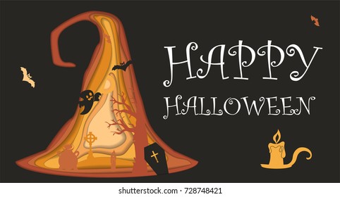 Design with pumpkin on cemetery. Happy halloween paper art style. Vector cut illustration.