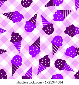 diseño de un vector de patrón de helado púrpura, con un fondo a cuadros