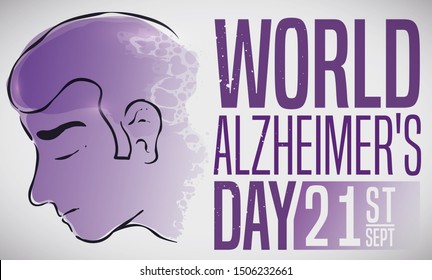Design with purple man's head silhouette with fragments of memory in its head, representing the memory loss due Alzheimer disease in the commemoration day of World Alzheimer's Day.
