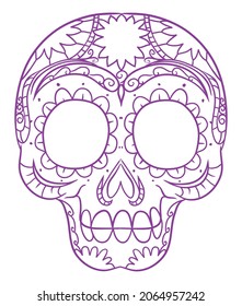 Design in purple outlines of the traditional Mexican skull for Day of the Dead -or Dia de Muertos- celebration.
