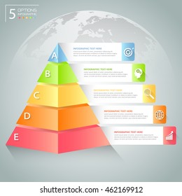 Plantilla infográfica de pirámide de diseño. Las opciones de la infografía 5 del concepto de negocio se pueden utilizar para el diseño del flujo de trabajo, el diagrama, las opciones numéricas, la escala de tiempo o los hitos del proyecto.