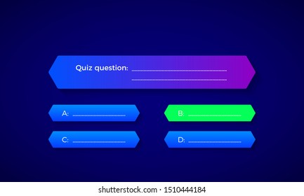 Design of quiz in blue color. Question and four answer option. Correct answer is green. Vector illustration