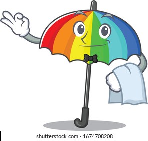 A design of rainbow umbrella cartoon character working as waiter