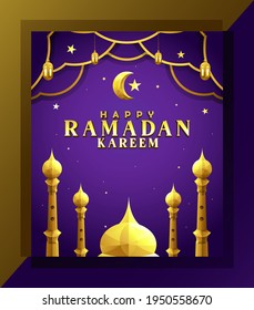 Design a Ramadan Kareem poster or invitation with a gold color combination, mosque, crescent moon, lantern, star, minaret on a purple gradient background.