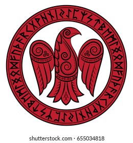 Design of Raven in Celtic, Scandinavian style and Norse runes, isolated on white, vector illustration