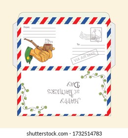 design of a ready to print layout of a mail envelope for greetings, for the date of St. Patrick's day, in the style of a Doodle, hand holding a Smoking pipevector EPS 10