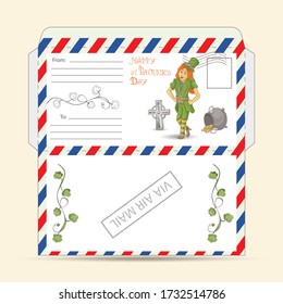 design of a ready to print layout of a mail envelope for greetings, for the date of St. Patrick's day, in the style of a Doodle, a little red haired girl leprechaun dwarf dancing near a pot of coins l
