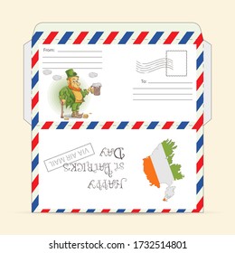 design of the ready to print layout of the mail envelope for greetings, for the date of St. Patrick's day, Irish illustrations are made in the style of Doodle