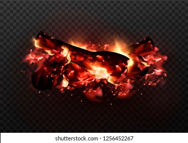 Design of realistic glowing bonfire with charcoals and fire flames. Vector illustration of campfire isolated on transparent background