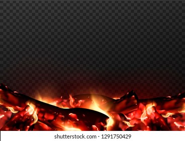 Design of realistic glowing bonfire with charcoals and fire flames. Vector illustration of campfire isolated on transparent background