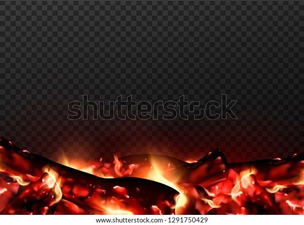 石炭と火炎を使ったリアルな輝く焚き火のデザイン 透明な背景にキャンプファイアのベクターイラスト のベクター画像素材 ロイヤリティフリー