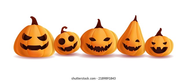 Diseño de calabazas realistas con rostros de halloween para diseño, plantilla, banner, volante