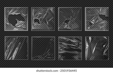 Design of Realistic transparent plastic textures in a vector set, showing the effects of crumpled torn and intact vinyl film on a black isolated background.